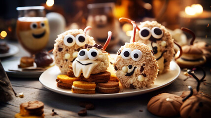 Halloween cookies with funny monsters on a plate. Halloween concept. - obrazy, fototapety, plakaty