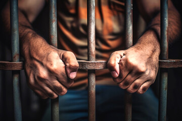Man behind prison bars. Men's hands rest on the bars of a prison or prison cell. Conclusion concept. Crime and Punishment. Close-up. Repression. Justice.