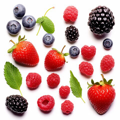 Blackberry, raspberry, blueberry and strawberry isolated on white background