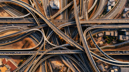 Aerial drone top view photo of highway multilevel junction interchange road in urban populated area