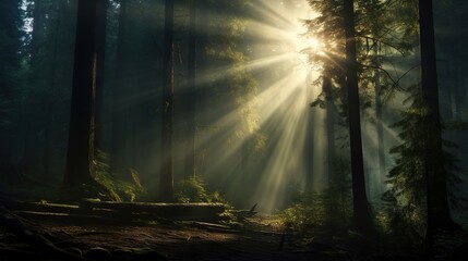  the sun shines through the trees in a forest area.  generative ai