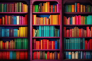 Book Shelf Filled With Lots Of Colorful Books - obrazy, fototapety, plakaty