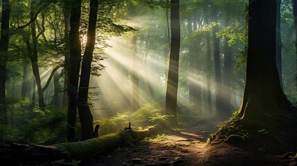  a path in a forest with sunbeams shining through the trees.  generative ai