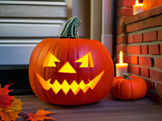 Halloween pumpkin head jack o lantern with burning candle on brick wall background