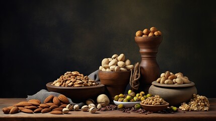  a table topped with bowls of nuts and nutshells.  generative ai