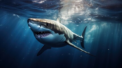 Naklejka premium a great white shark with its mouth open in the water. generative ai