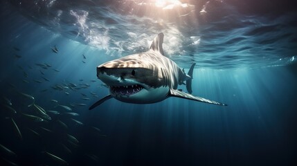  a great white shark swimming in the ocean with a lot of fish around it.  generative ai