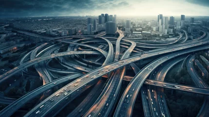 Poster Aerial drone top view photo of highway multilevel junction interchange road in urban populated area © darkhairedblond