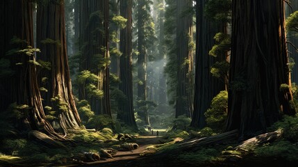  a painting of a path through a forest filled with tall trees.  generative ai