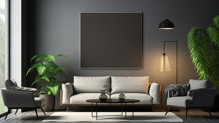 Fototapeta na wymiar Home Interior, luxury modern dark living room interior with poster frame mockup. Generative AI