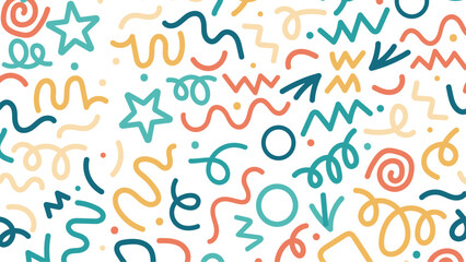 Abstract background pattern. Vector seamless repeat of doodle squiggles and dots. Design element. Colorful line doodle seamless pattern - obrazy, fototapety, plakaty