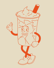 Retro poster with coffee mascot, cartoon characters, funny colorful doodle style characters, cappuccino, cocoa, latte, espresso. Vector illustration on beige isolated background.