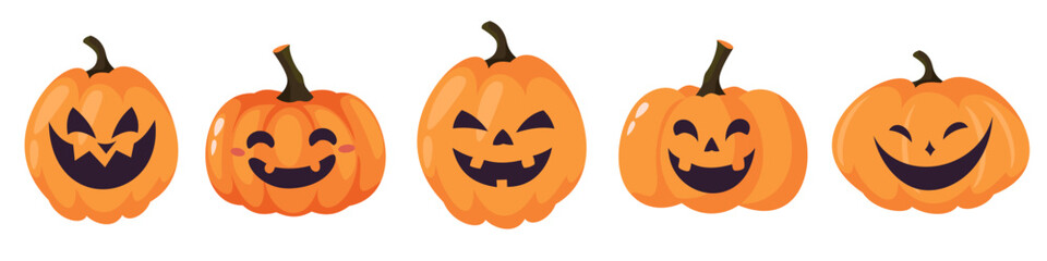 Halloween Vector Collection. Cute kind pumpkins for Halloween. Jack lantern with different laughing spooky faces. . Vector illustration