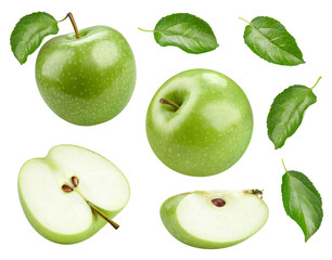 Fresh green apple whole and cut in half with leaf isolated on white background. Clipping Path. Full depth of field.