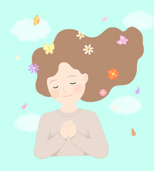 Woman praying peacefully, butterfly, flower, daisy, cosmos, warm, peaceful, abstract illustration