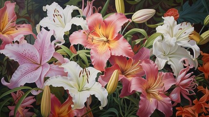  a painting of a bunch of flowers with green leaves in the background.  generative ai