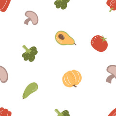 Vector seamless pattern with different vegetables. Broccoli broccoli mushrooms avocado tomato pepper pumpkin zucchini . Vector illustration