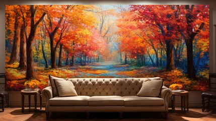  a couch sitting in front of a painting of a forest.  generative ai