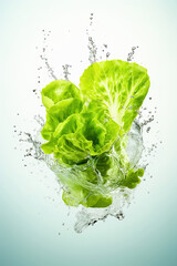 Green lettuce leaves with splashes of water on a light background. Levitation.