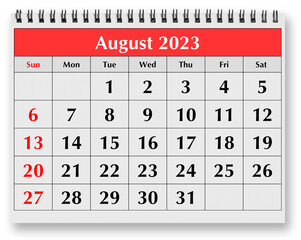 Page of the annual monthly calendar - August 2023