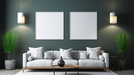 Home Interior, luxury modern dark living room interior with poster frame mockup. Generative AI