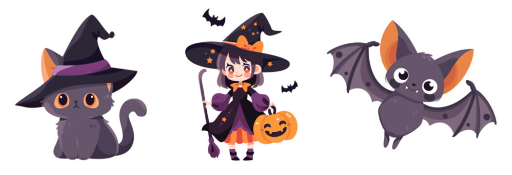Cute vector nautical set. Children's illustrations on white background. Cute girl in witch costume with broom and pumpkin, cat in witch hat and bat . Vector illustration