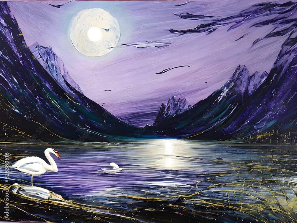 Canvas Prints moonlight lake with swans, oil-paint effect, generative ai illustration