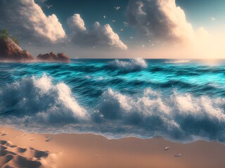 Sea coast with waves, Generative AI Illustration