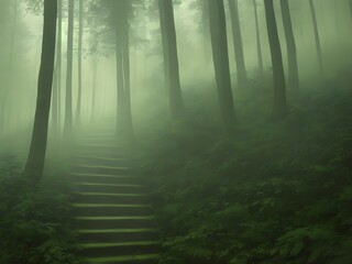 Mysterious stairs in gloomy forest, Generative AI Illustration