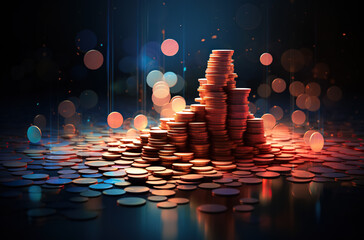 A pile of coins set against a dark background reflect light.