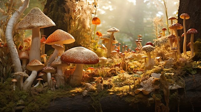  a group of mushrooms in a forest with sunlight coming through the trees.  generative ai