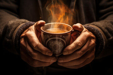 Fototapeta na wymiar Close-up of senior hands holding steaming mug of hot chocolate.