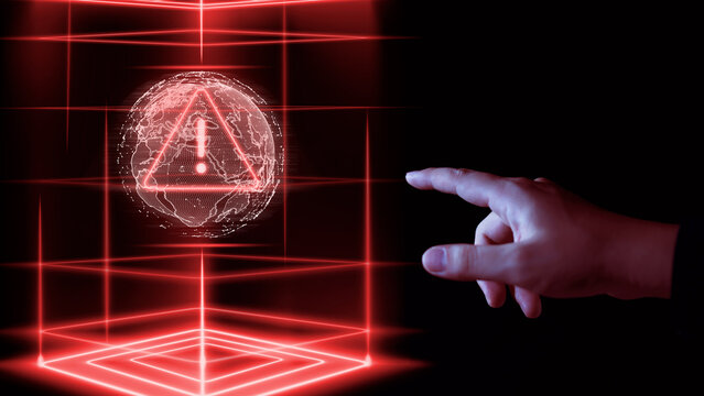 hacker attack maintenance concept and hacking cyber security information user touching hi tech globe with warning triangle for alarm error alert - Powered by Adobe