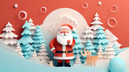 santa claus and christmas tree pastel color all made by Paper Art with Xmas concept