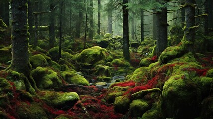  a forest filled with lots of green and red moss covered rocks.  generative ai