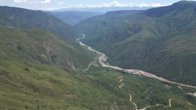 Aerial View of Chicamocha River Canyon, Natural Landmark of Colombia on Sunny Day, Drone Shot