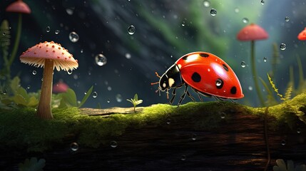  a lady bug sitting on top of a moss covered field.  generative ai