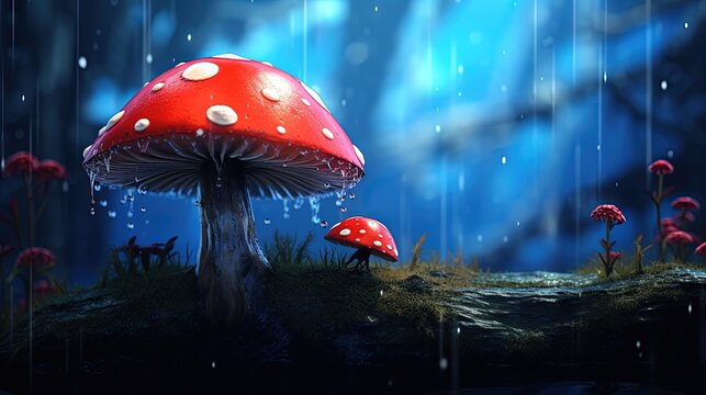  a painting of a mushroom in the rain with drops of water on it.  generative ai