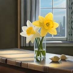 daffodils in a vase on a table