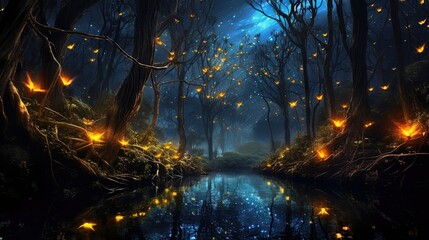 Fototapeta premium a painting of a dark forest with fireflies on the trees. generative ai