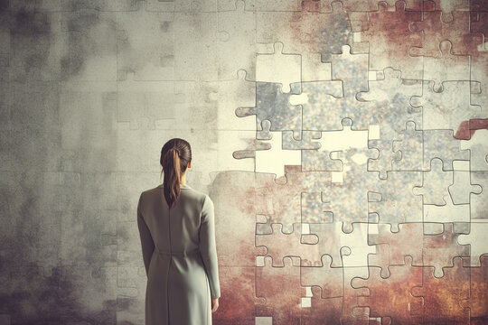 Businesswoman watching, big puzzle on wall, Woman looking at big puzzle, AI generated.