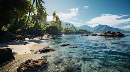 Tropical beach with rocks and palms on the island