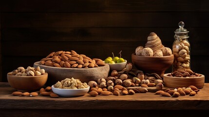  a table topped with bowls of nuts and a jar of fruit.  generative ai