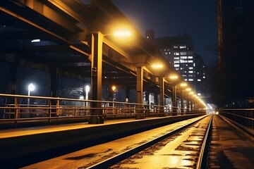 Fototapeta na wymiar Railway station at night. Train platform in fog. Railroad