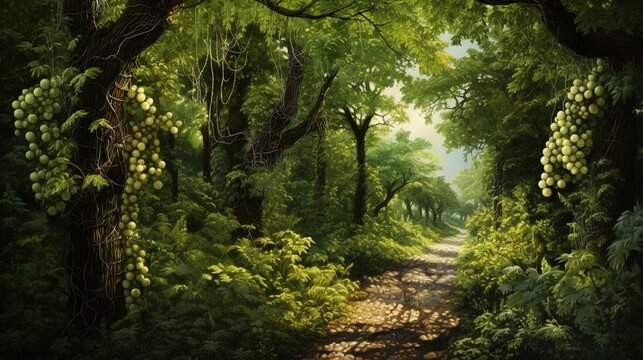  a painting of a path through a forest with grapes hanging from the trees.  generative ai