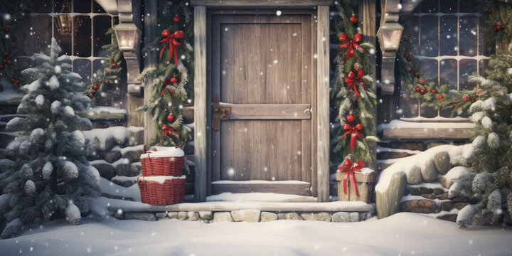 Snow-covered countryside with a rustic barn and a Christmas wreaths on the door.