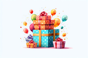birthday party balloons, colourful balloons background and birthday cake with candles	