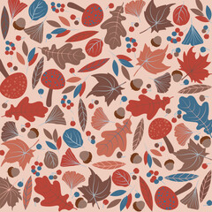 Autumn seamless pattern with mushroom, acorn, and different colorful leaves and plants, seasonal colors. Autumn leaves seamless pattern wallpaper image