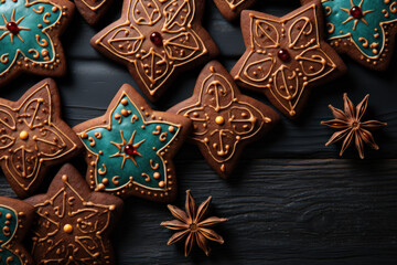 Christmas star-shaped gingerbread cookies with gold icing and anise stars on a wooden background.