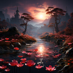 Fantasy landscape with red lotus flowers in the lake and a sunset